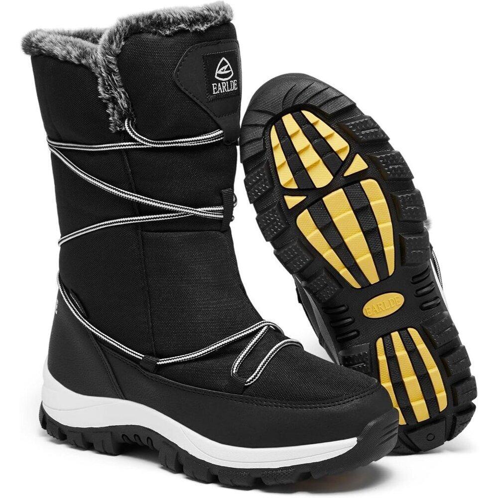 Women’s Black Wheat Strip Waterproof Snow Boots Mid-Calf Faux Fur Lined Non-Slip